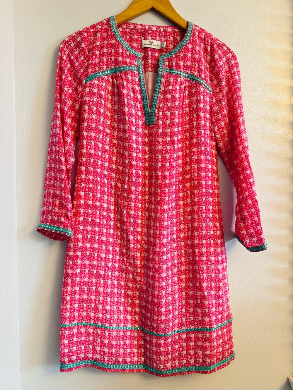 Vineyard Vines NWT Embroidered Beaded Tunic Dress Silk Geometric Print SZ 0